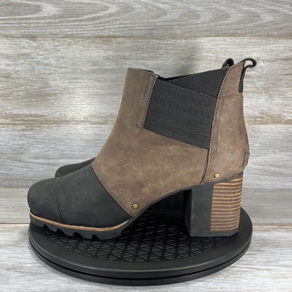 Sorel Women's Addington Black Brown Leather Heeled Ankle Chelsea Boots Size 11 - Picture 1 of 8
